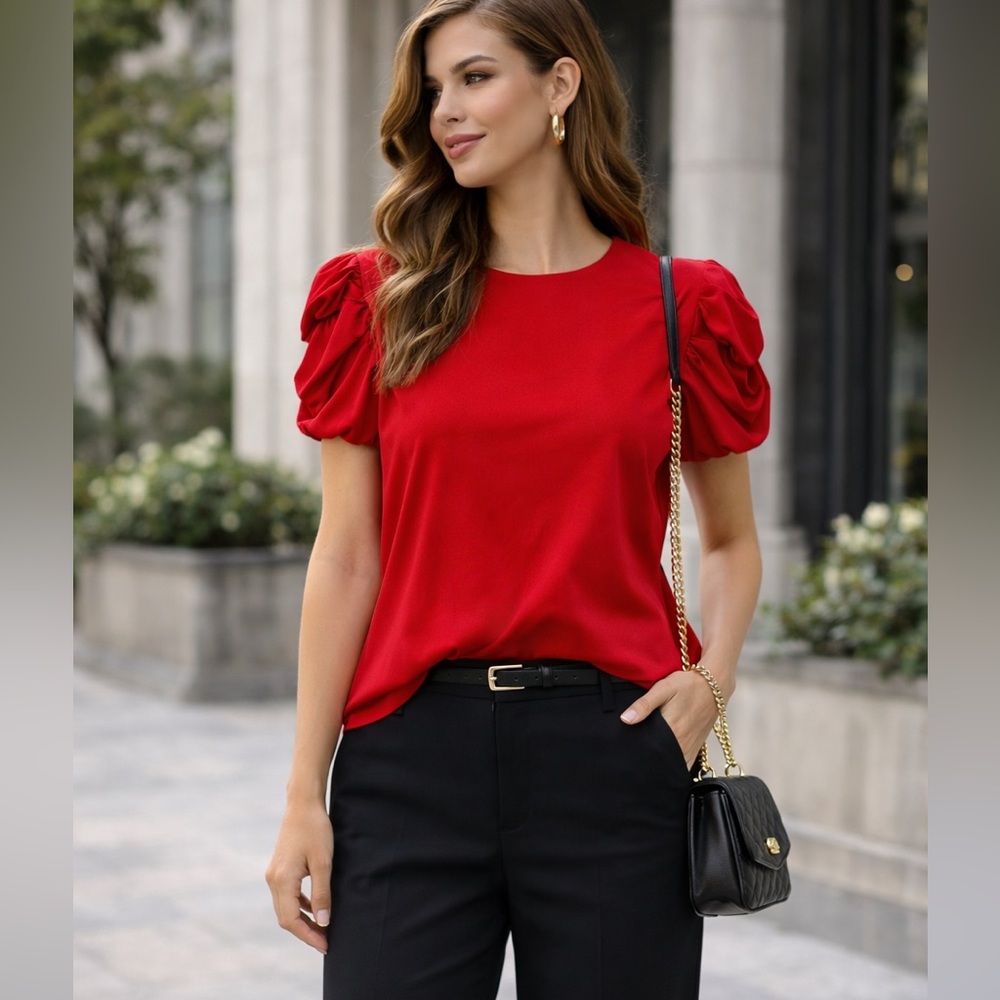 Tag M Fits S Miu Miu Red Puff Sleeve Blouse Silk Cotton early 2000s